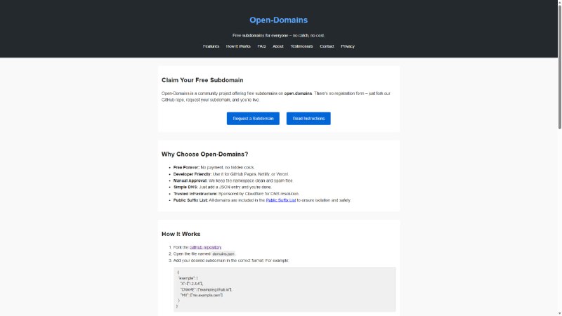 🔗 #域名 #免费Open Domains 是一个提供免费子域名服务的 GitHub 项目，支持个人网站、开源项目等场景，提供多种域名后缀及完整 DNS 配置功能