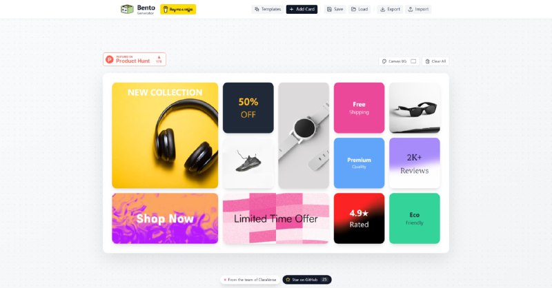 🎨 #工具 #网页设计Bento Grid Generator 一款强大直观的基于Web的工具，通过拖放界面设计、自定义和导出精美的Bento风格网格布局，支持多种卡片尺寸、实时预览及PNG/JSON格式导出