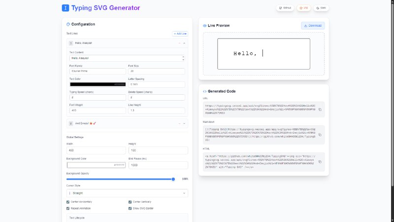 📝 #设计 #工具TypingSVG 是一款可自定义文本内容、字体样式、动画速度及背景设置的打字效果 SVG 生成工具，支持多行文本与表情符号，并能导出代码嵌入文档或网页