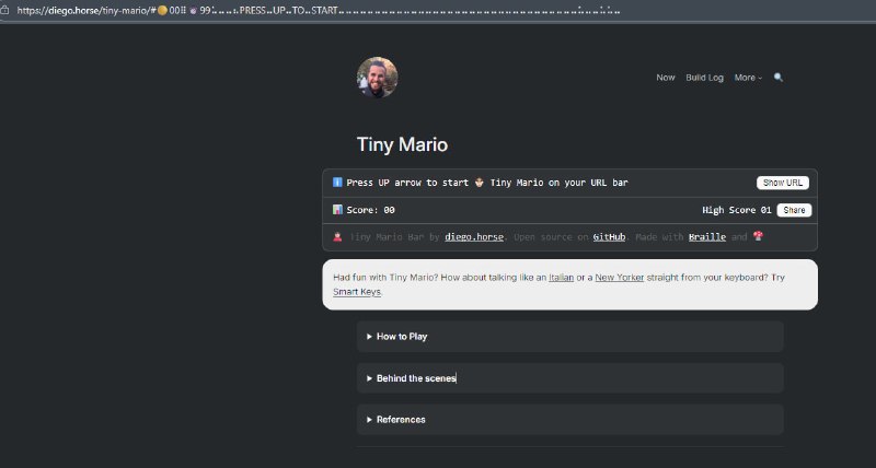 🎮 #玩具Tiny Mario 是一款在浏览器URL栏中运行的低像素文字风格马里奥游戏，玩家需在99秒内收集金币、躲避敌人并抵达旗帜，还可探索地下世界，项目开源且受经典游戏启发