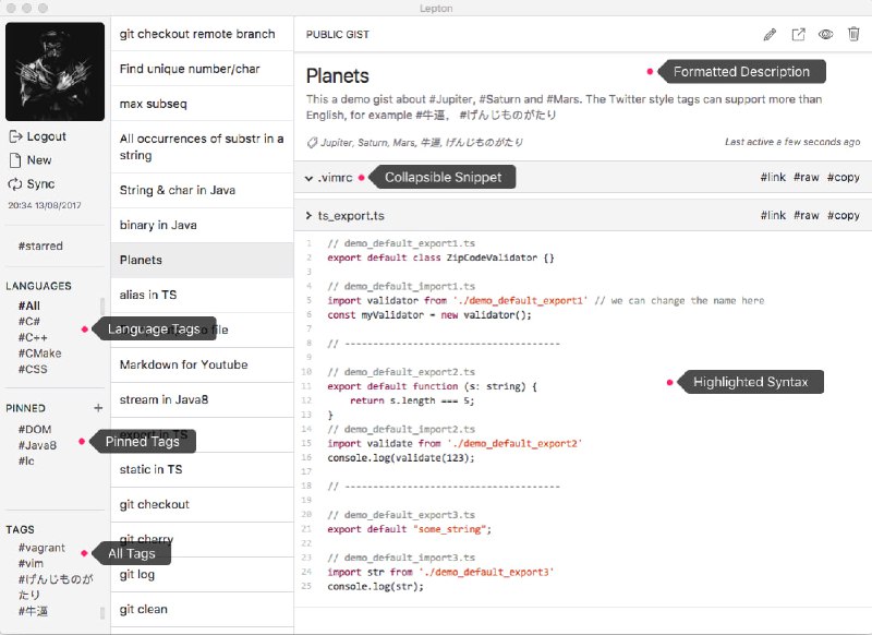 🗃 #代码 #工具Lepton 是一个由 GitHub Gist 驱动的精益代码片段管理器