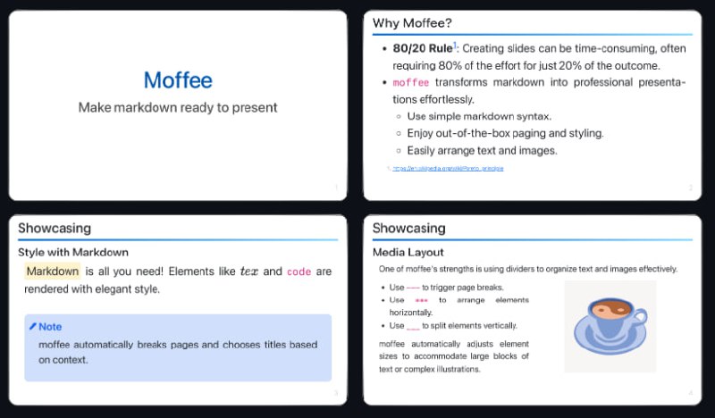 📝 #Markdown #GitHubmoffee 是一款开源幻灯片制作工具，可将 Markdown 文档转换为简洁专业的演示文稿，支持布局排版、实时预览和多格式导出