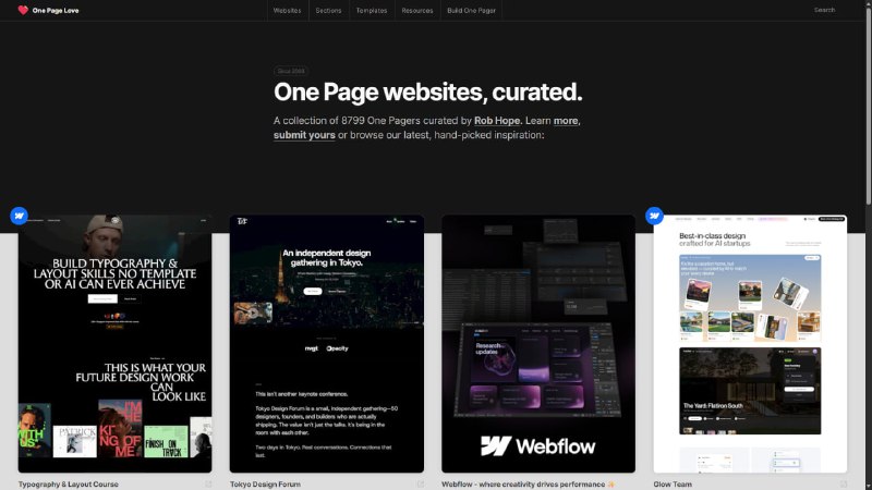 📄 #汇总 #网页设计One Page websites 自2008年起，由Rob Hope精心策划的8799个单页网站集合，可了解更多、提交作品或浏览最新精选灵感