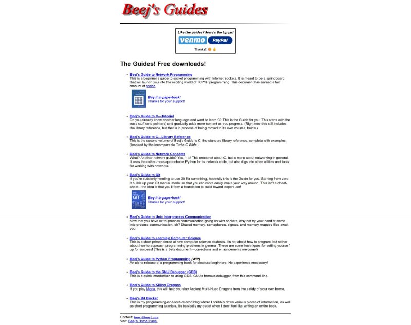 📚#汇总 #学习beej.us 该页面汇总了Beej提供的免费技术指南，涵盖网络编程、C语言、Git、Unix进程通信等多个领域，适合不同阶段开发者学习使用